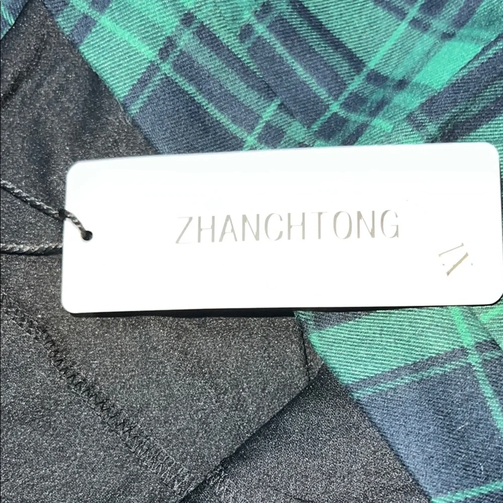 ZHANCHTONG Green & Black Plaid Pleated Mini A-Line Skirt XL High Waist Skater